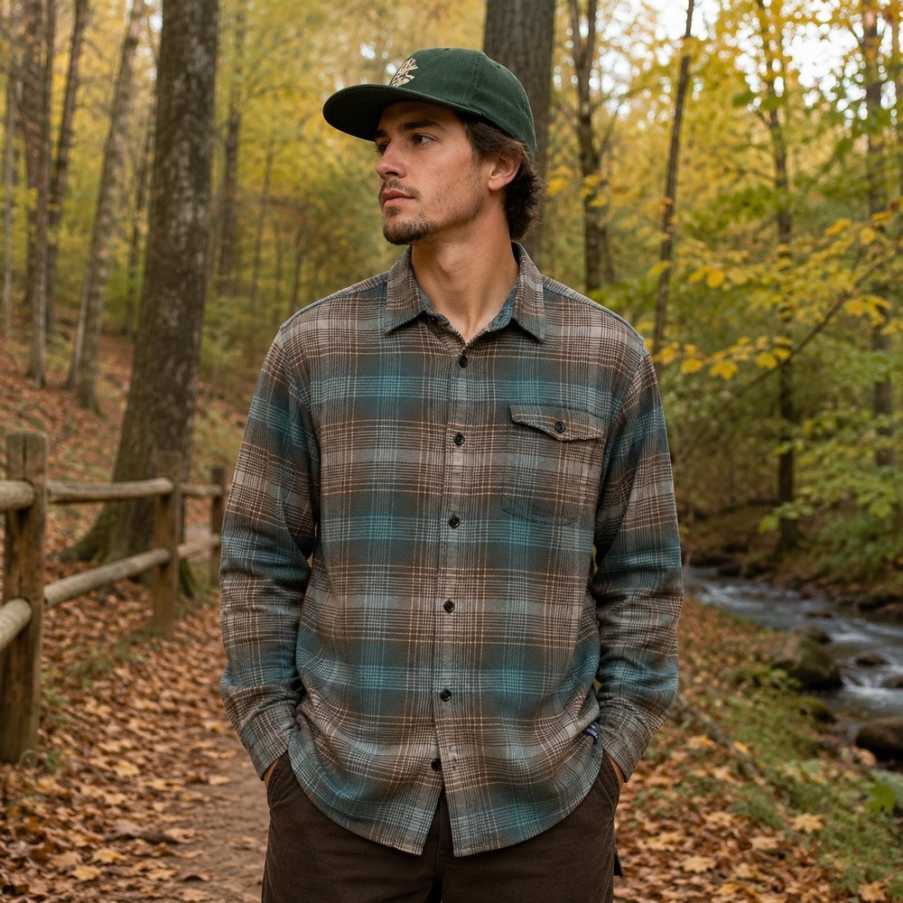 Patagonia Shirt Mens Large Brown Teal Organic Cotton Fjord Flannel Plaid